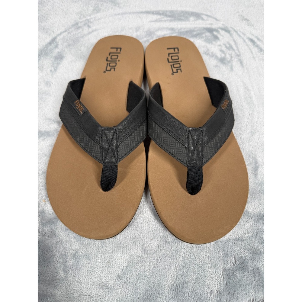 Flojos Ryan Mens 9 Flip Flops Black Tan Two Tone Faux Leather Slip On Sandals